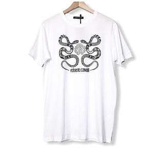Roberto Cavalli White Black Snake Graphic Crew Tee Shirt Large